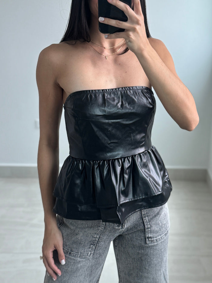 Faux leather strapless top