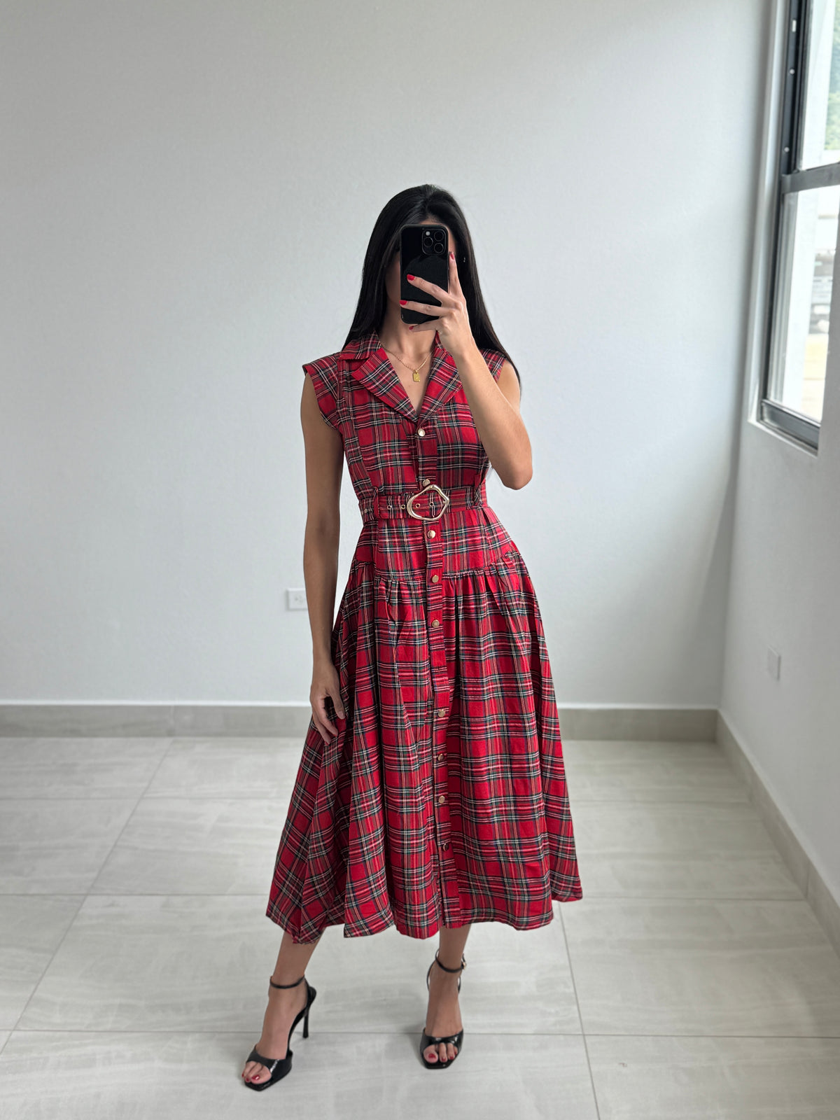 Red Plaid Woven Maxi Dress
