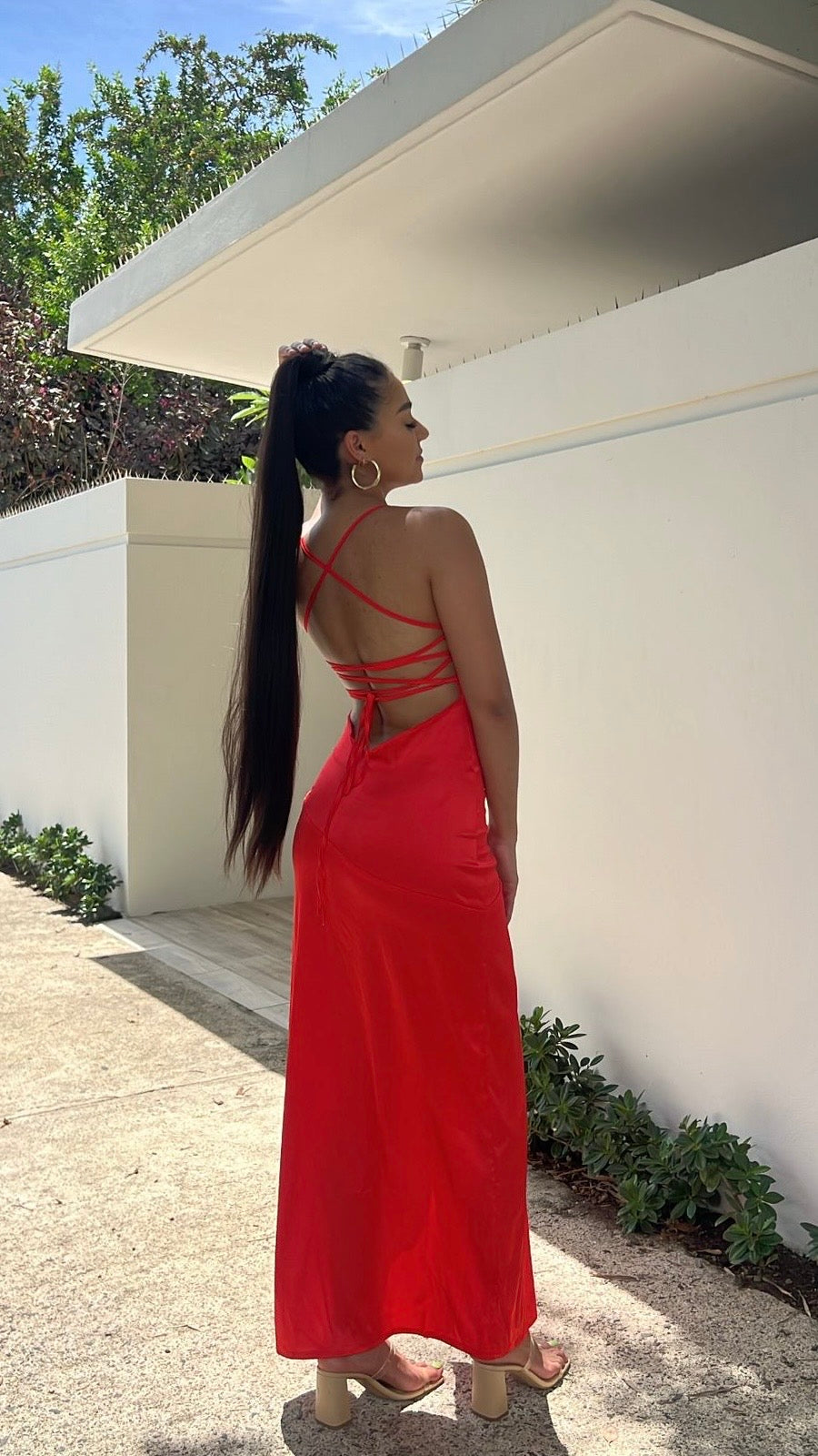 Red open back maxi dress