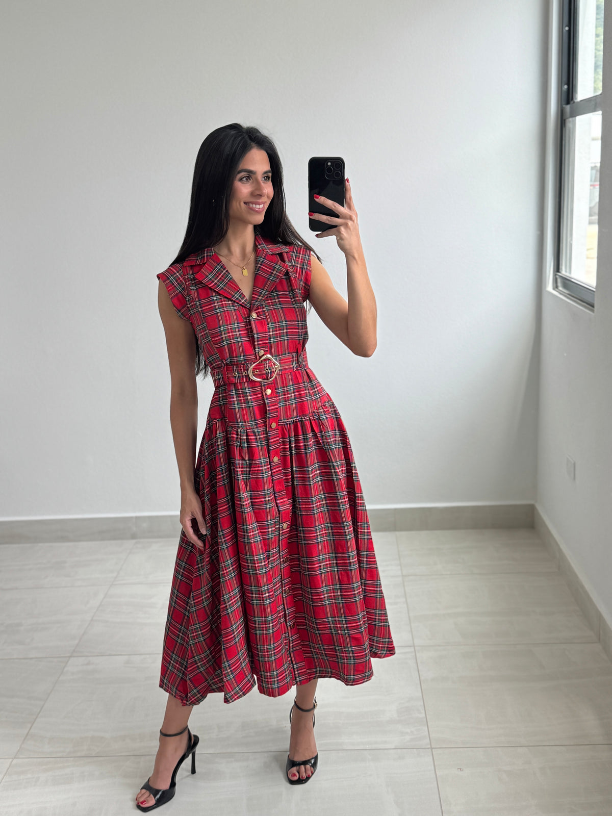 Red Plaid Woven Maxi Dress