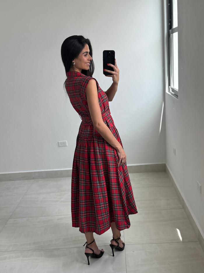 Red Plaid Woven Maxi Dress