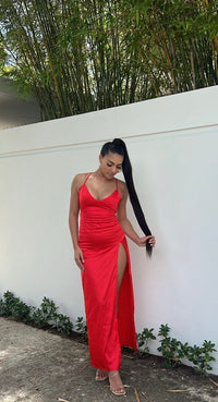 Red open back maxi dress