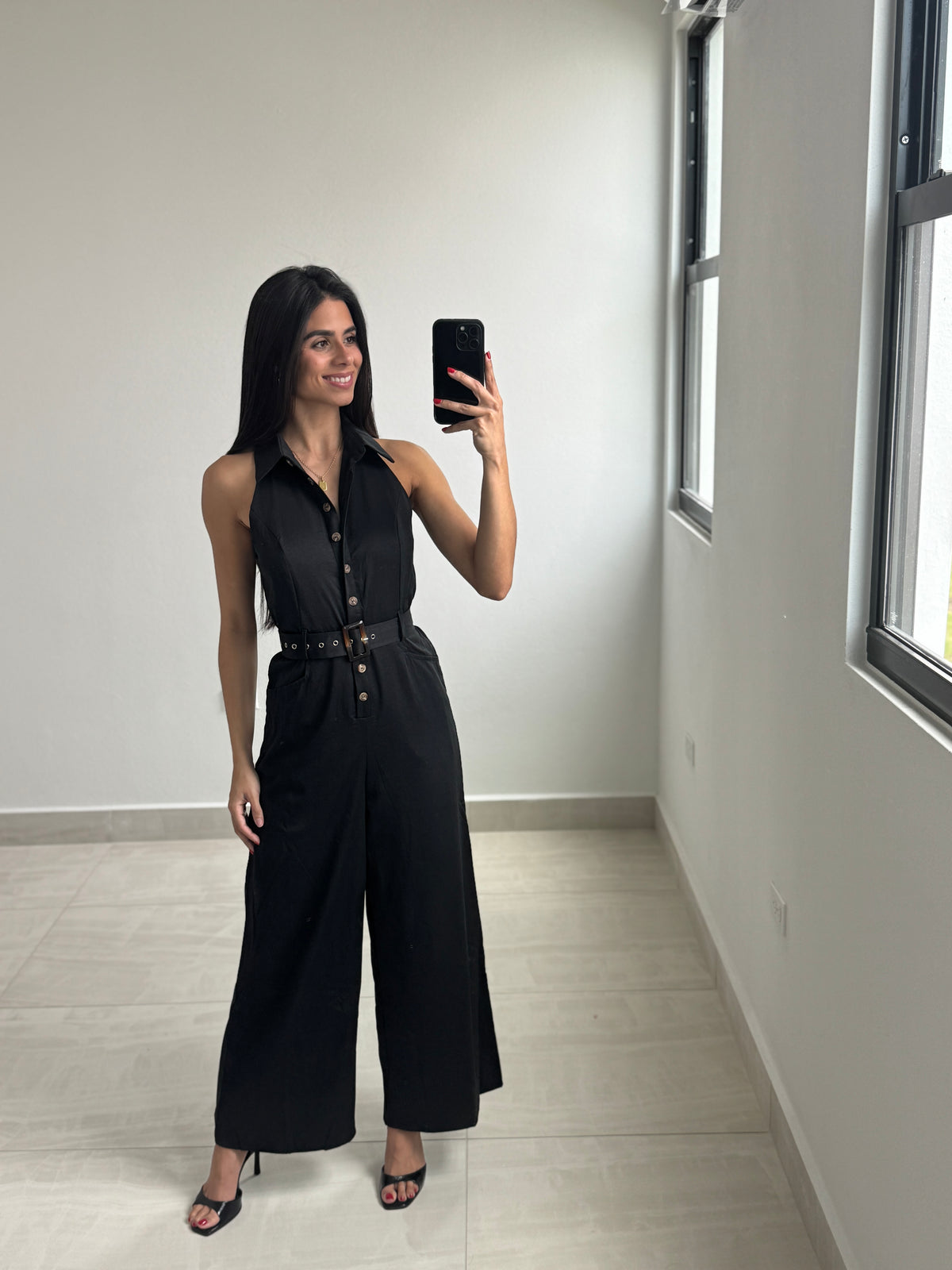 Black button down jumpsuit