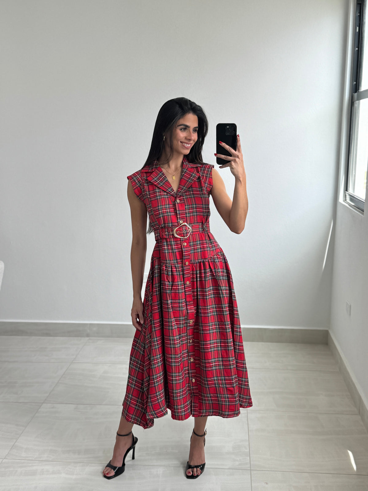 Red Plaid Woven Maxi Dress