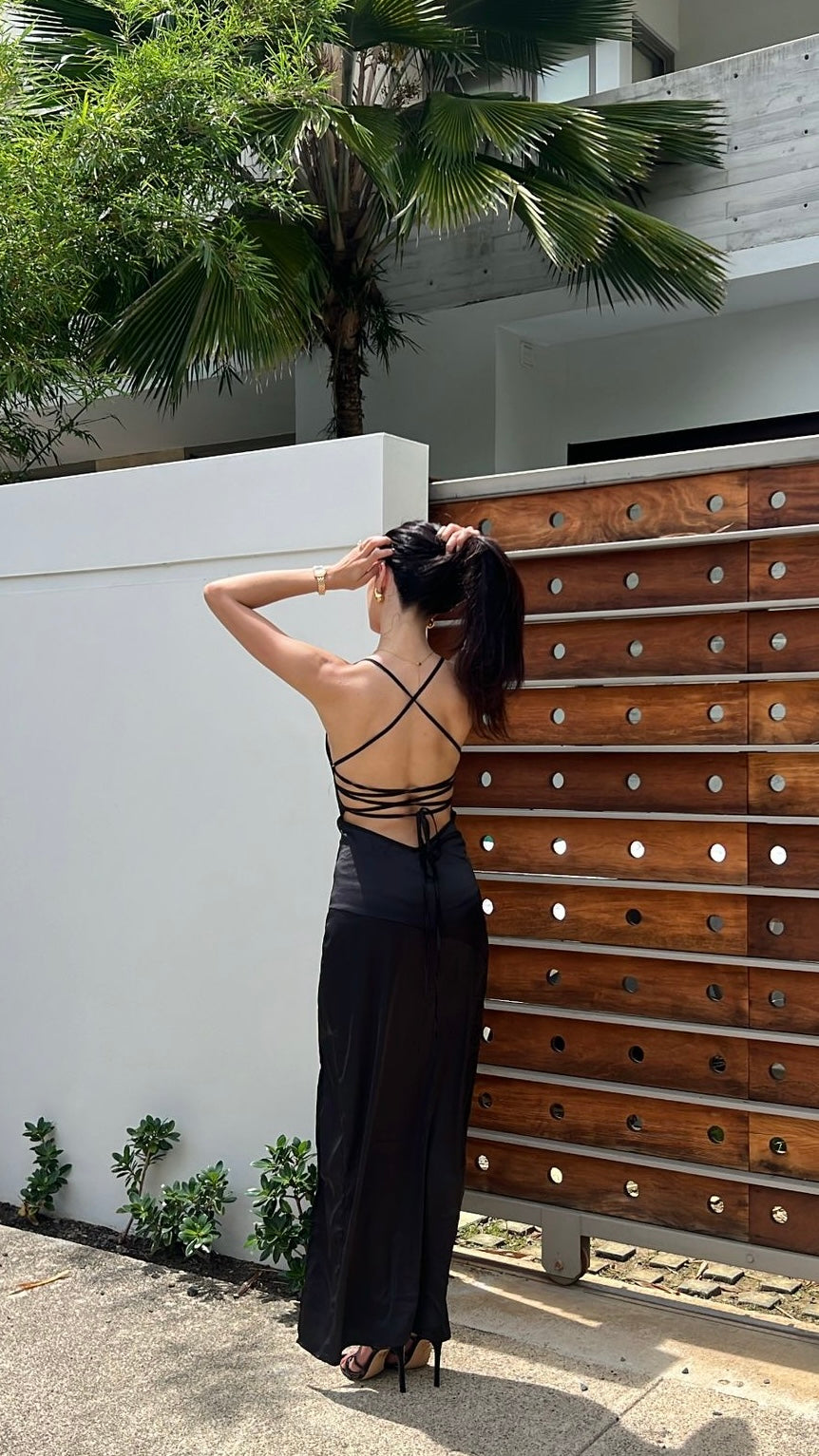 Black open back maxi dress