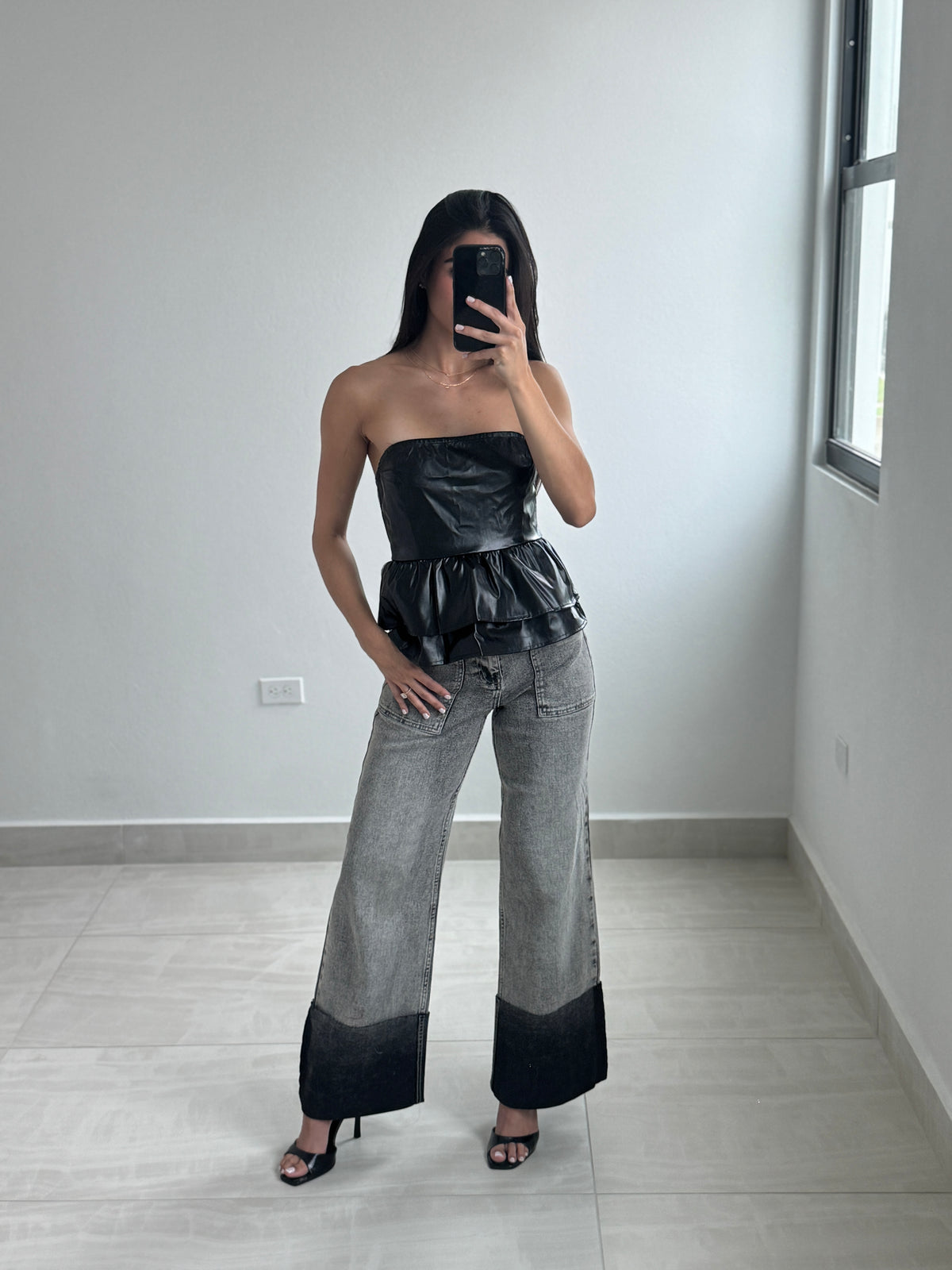 Faux leather strapless top