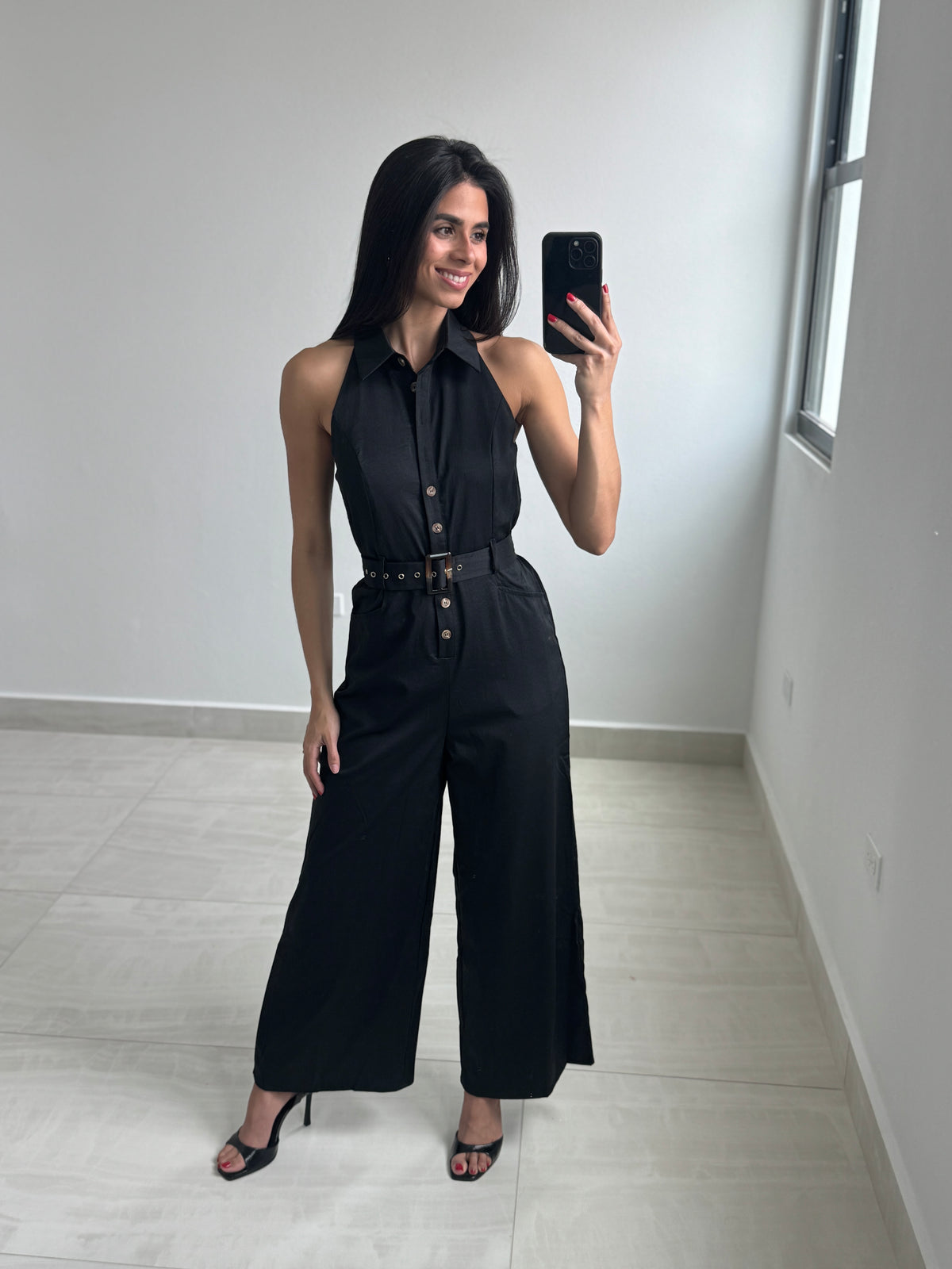 Black button down jumpsuit