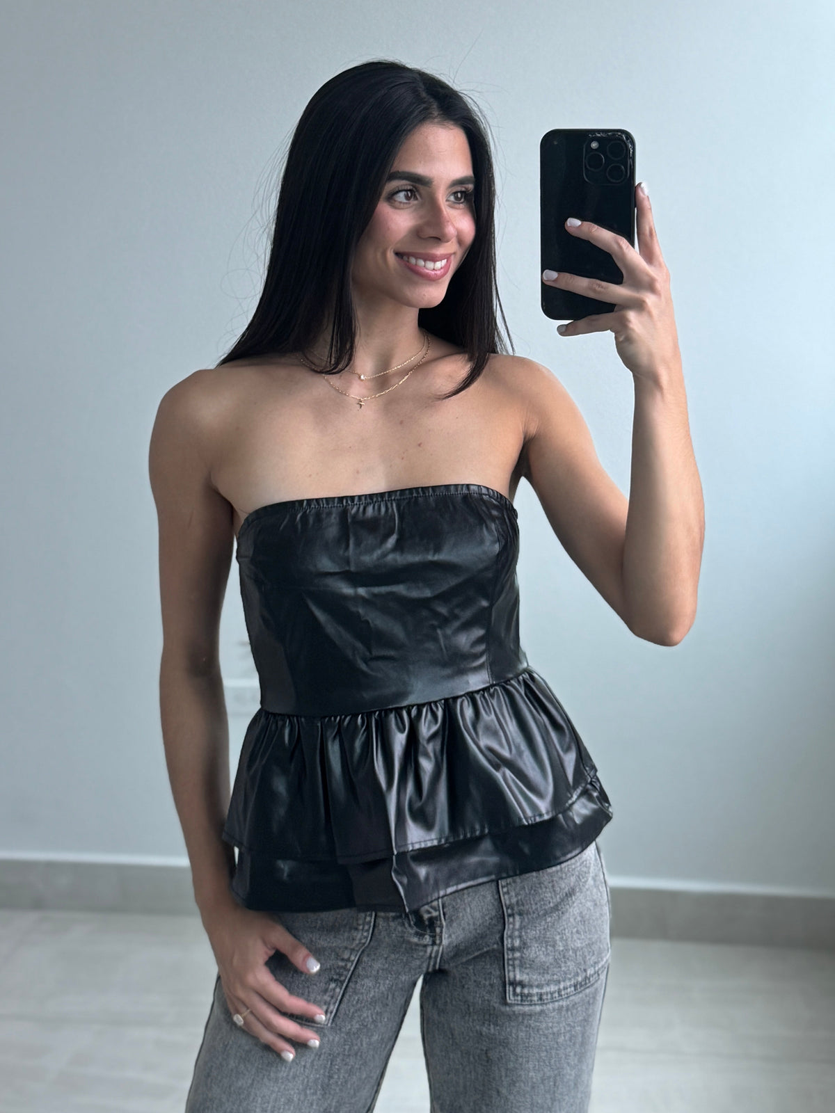 Faux leather strapless top